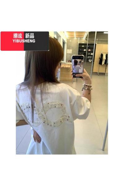 YIBUSHENG2024新款刺绣字母短袖t恤女正肩季宽松设计感小众情侣上衣