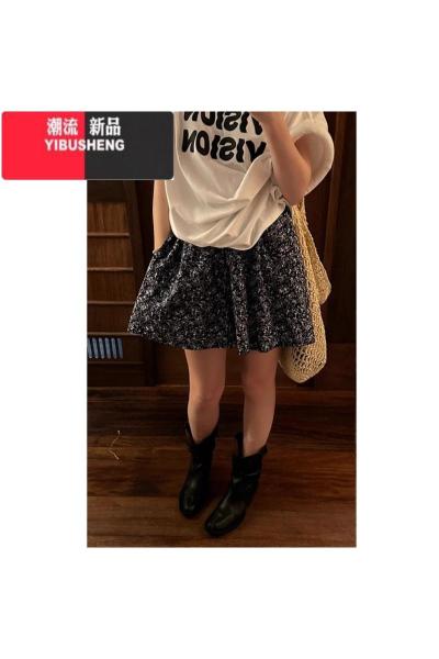 YIBUSHENG黑色松紧腰雪纺碎花短裤休闲裤女季a字裙裤小个子直筒阔腿热裤
