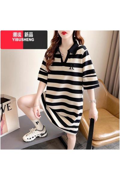 YIBUSHENG大码女装中长款短袖t恤季新款韩版条纹翻领刺绣polo领连衣裙潮