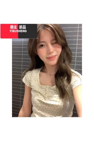 YIBUSHENG法式小清新U领碎花正肩短袖t恤女季bm风短款修身甜辣妹上衣