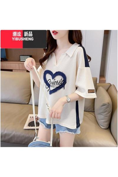 YIBUSHENG华夫格polo领短袖t恤女装2024年新款大码胖mm显瘦遮肚上衣T