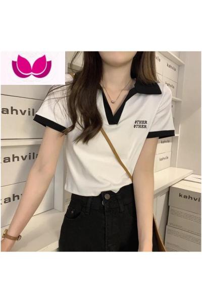 七斓甜美夏季小清新正肩polo领设计感小众短袖T恤女ins修身短款上衣潮