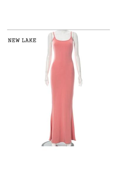NEW LAKE欧美时尚经典女装 个性吊带平口高妹卡戴珊过膝拖地连衣裙长款裙