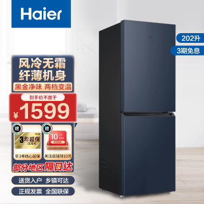 海尔(Haier)202升双门冰箱 风冷无霜节能家用电冰箱 两门冰箱 家电小冰箱BCD-202WGHC290B9