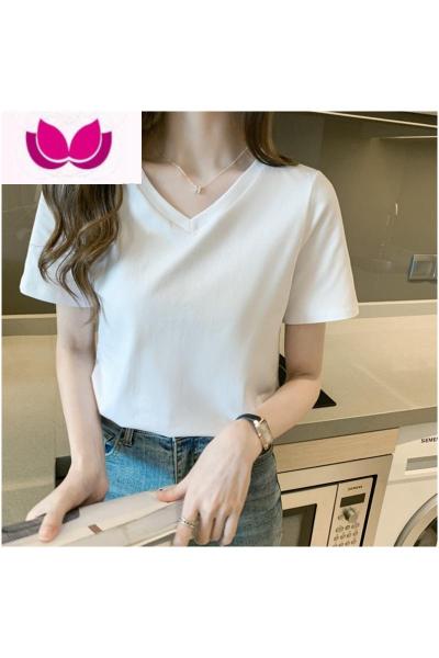 七斓黑色T恤女短袖V领宽松夏季女装2022新款打底内搭纯色薄款上衣