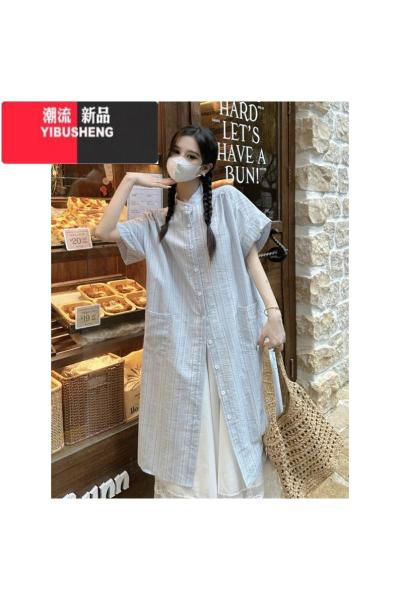 YIBUSHENG大码日系短袖连衣裙女季宽松遮肚条纹长裙胖MM文艺复古衬衫裙子