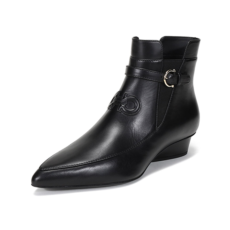 ferragamo 菲拉格慕 女士牛皮/织物低跟靴短靴 0732741