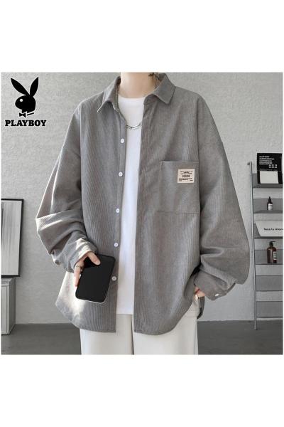 花花公子浅灰长袖衬衫男士春秋款灯芯绒衬衣服潮牌秋季宽松外套男