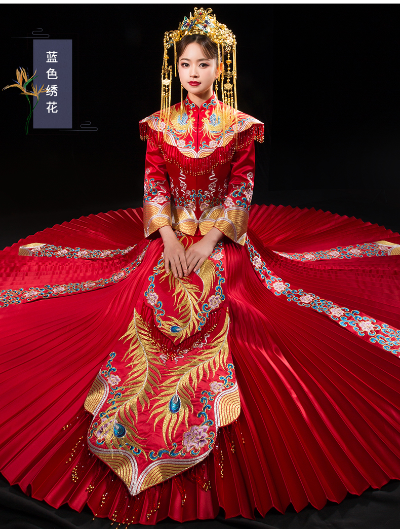 结婚中式婚纱古装礼服嫁衣秀和服盘金绣龙凤褂 盘金绣百褶款(亮红) m