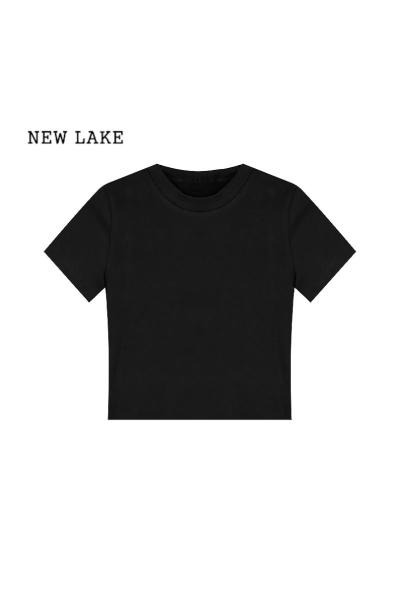 NEW LAKE黑色小高领短款t恤女短袖2024夏新款紧身小个子纯棉高腰露脐上衣