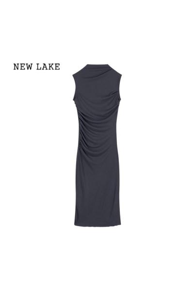 NEW LAKE深灰色修身无袖背心连衣裙女装夏季裙子收腰弹力包臀裙气质中长裙
