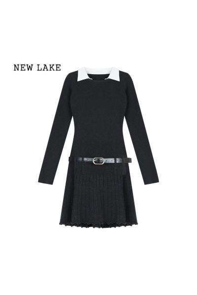NEW LAKE设计感假两件灰色针织连衣裙女春季修身内搭A字裙百褶裙辣妹短裙