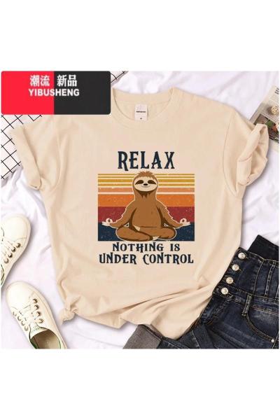 YIBUSHENGSloth T shirt 季女装时尚卡通树懒印花卡其色圆领短袖T恤女