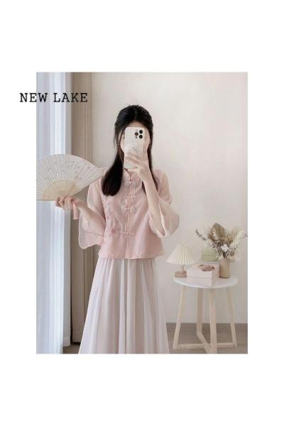 NEW LAKE新中式国风唐装粉色连衣裙女春款2024新款小个子改良汉服套装裙子