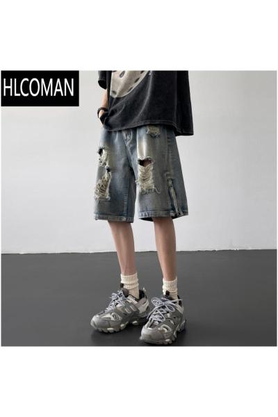 HLCOMAN夏装特大码300斤破洞牛仔短裤男款夏季美式高街拉链开叉宽松中裤2