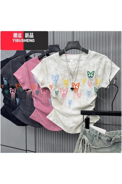 YIBUSHENG蝴蝶正肩短袖T恤女2024季新款设计感小众收腰扎染褶皱短款上衣