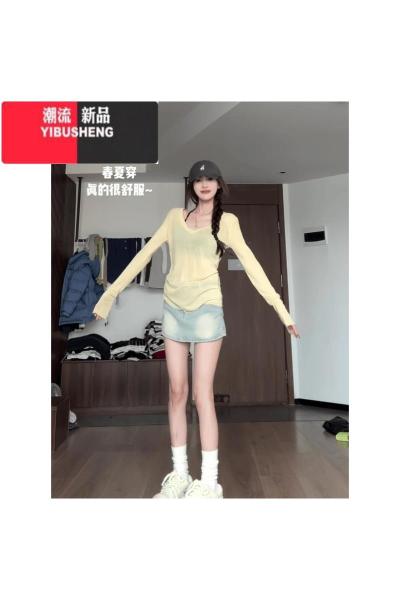YIBUSHENG奶fufu黄色薄款休闲V领长袖t恤女春季辣妹小众修身显瘦防晒罩衫