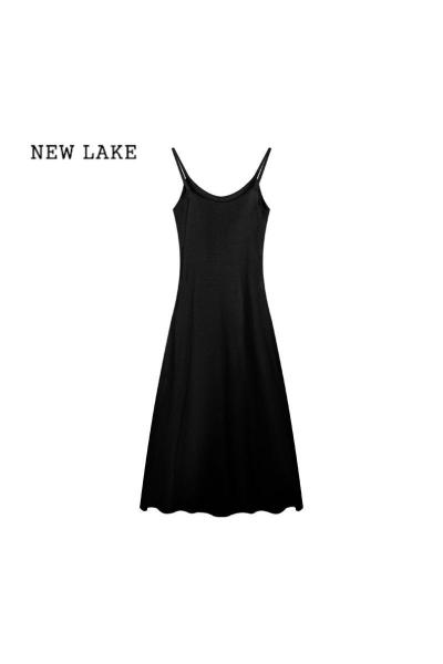 NEW LAKE温柔风气质背心裙针织吊带裙女春季绝美连衣裙黑色收腰显瘦长裙子