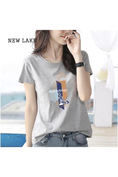 NEW LAKE2024年新款夏季印花纯灰色短袖t恤女纯棉修身显瘦半袖打底体桖衫