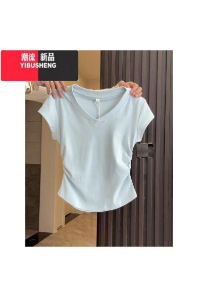 YIBUSHENG奶蓝色V领少女感正肩T恤季2024卡腰褶皱显瘦上衣女小众辣妹短袖