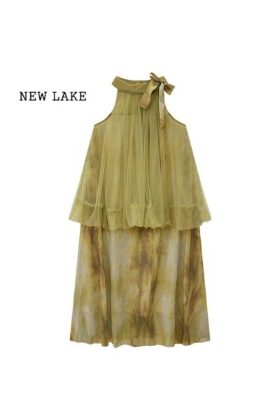 NEW LAKE新中式别致连衣裙挂脖女夏季新款气质网纱修身显瘦假两件雪纺裙子
