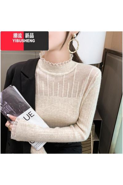 YIBUSHENG新款2023韩版欧根纱蕾丝半高领毛衣女内搭长袖修身针织打底衫
