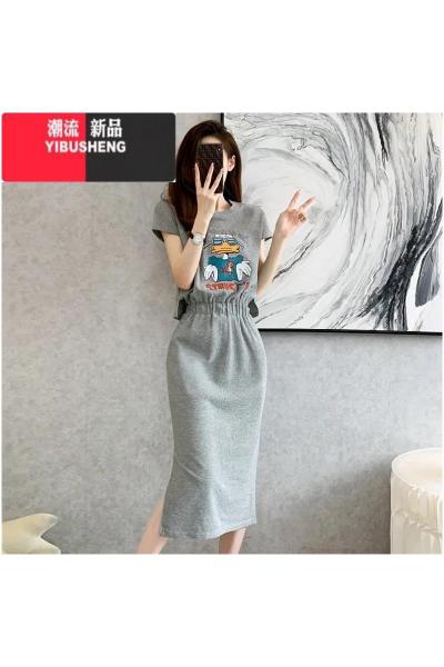 YIBUSHENG天衣服2024新款女连衣裙欧货减龄休闲长款收腰显瘦开叉T恤裙子