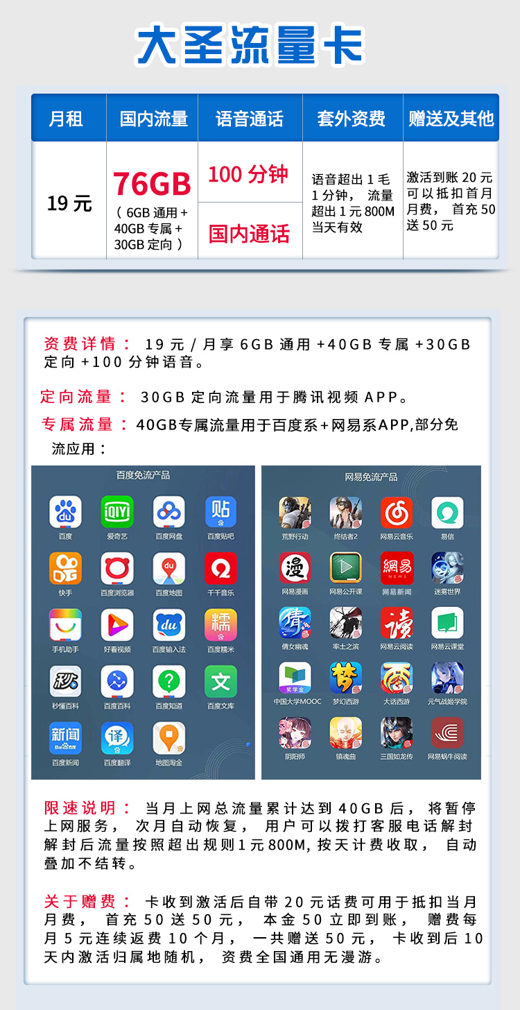 超级新品 中国电信大王卡大鱼卡大圣卡网易百度应用app免流4g5g上网卡