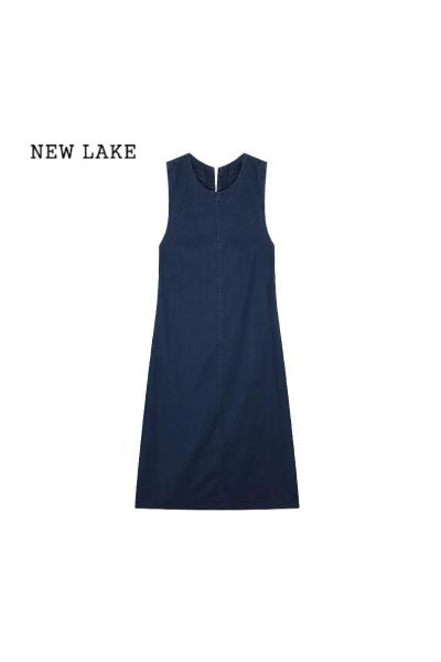 NEW LAKE小众设计感后背镂空连衣裙女装夏季气质收腰显瘦蓝色牛仔裙长裙子