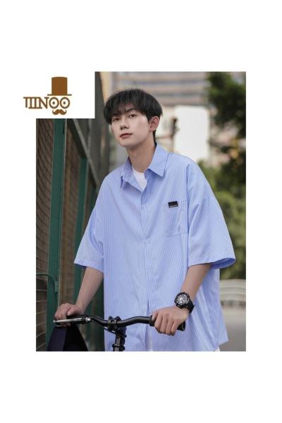 YANXU蓝白条纹短袖衬衫男生酷帅穿搭套装夏季日系少年感工装衬衣服外套
