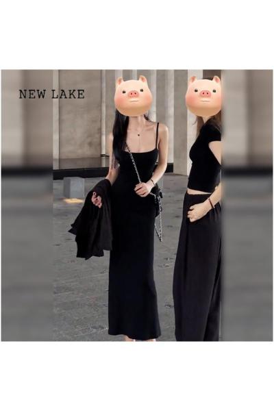 NEW LAKE法式黑色吊带连衣裙子女2024新款夏装搭配一整套梨形身材包臀长裙