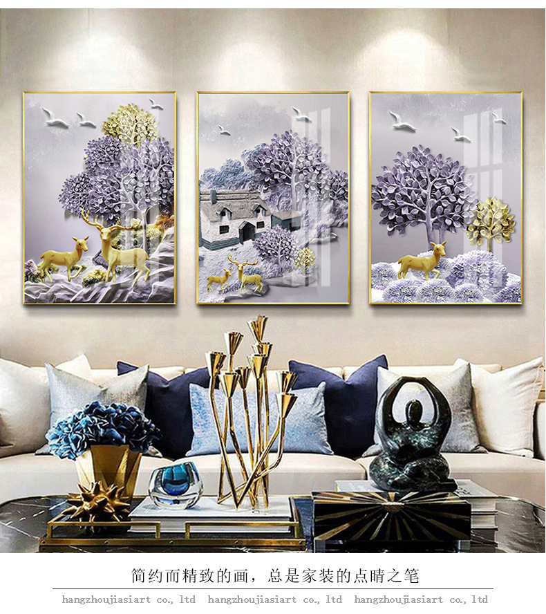 客厅装饰画北欧麋鹿风景晶瓷画富贵孔雀花瓶沙挂画厂家直销i款60x80cm