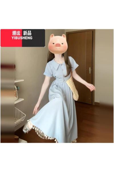 YIBUSHENG法式气质蓝色衬衫连衣裙子女装季2024新款高级感学院风polo长裙