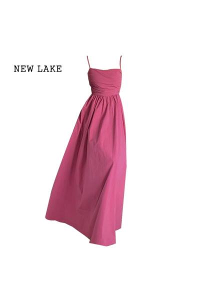 NEW LAKE赫本风法式长裙高级感气质显瘦2024新款夏季玫红色吊带连衣裙子女