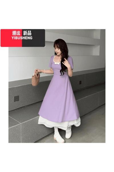 YIBUSHENG大码微胖法式短袖连衣裙女装季胖MM收腰显瘦a字裙梨形身材裙子