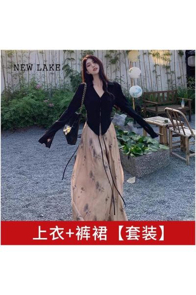 NEW LAKE新中式国风连衣裙子女装早初春季2024年新款两件茶系穿搭一整套装