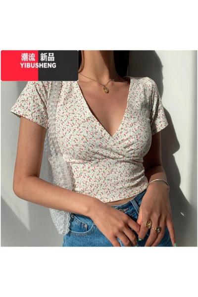 YIBUSHENG美式复古风碎花交叉v领修身短款露脐短袖T恤女上衣2024季新款潮