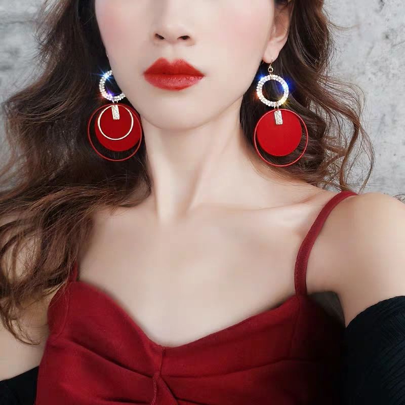 红色大圆圈耳环女欧美夸张个性大耳钉韩国气质长款时尚耳坠耳饰品