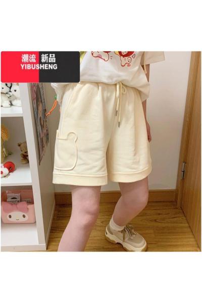 YIBUSHENG日系小熊刺绣休闲短裤女2024季新款可爱女装高腰显瘦五分裤子潮