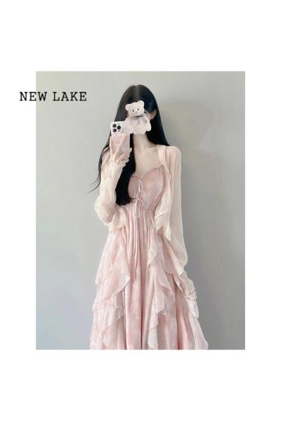 NEW LAKE法式仙气长裙仙森系甜美温柔风开衫粉色吊带连衣裙两件套装裙夏