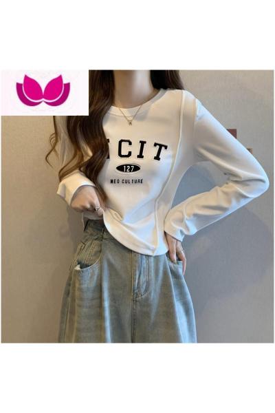 七斓大码女装正肩圆领字母T恤长袖打底衫女胖MM内搭修身显瘦长袖上衣