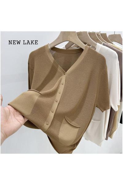 NEW LAKE大码女装[80-200斤]套头V领冰丝短袖T恤女假开衫口袋针织上衣薄