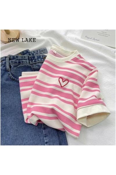 NEW LAKE爱心刺绣条纹短袖T恤衫夏季新款遮肉显瘦女装粉色减龄潮流上衣服