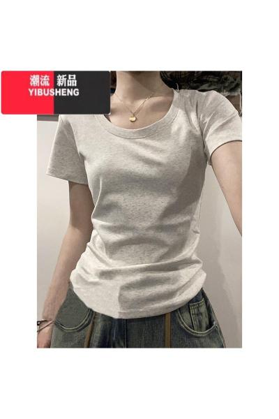 YIBUSHENG美式复古短袖正肩t恤女季显瘦修身辣妹短款紧身上衣设计感小众