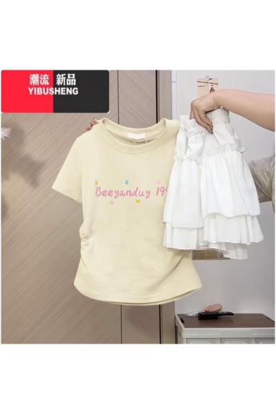 YIBUSHENG奶黄色正肩短袖t恤女季2024新款修身显瘦掐腰小众别致上衣