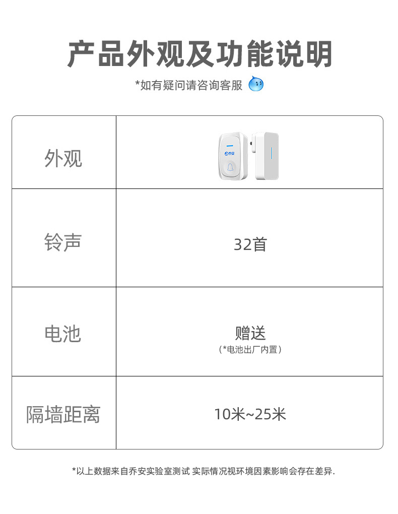 乔安智能无线电门铃家用门铃一拖一远距离电子遥控门铃呼叫器