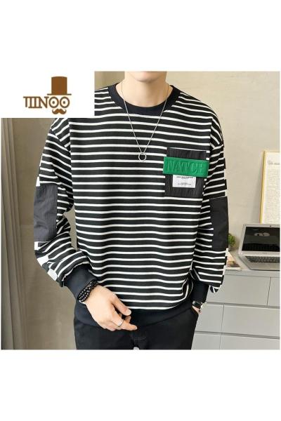 YANXU条纹卫衣男士2023春装新款打底衫潮牌圆领长袖加绒加厚上衣