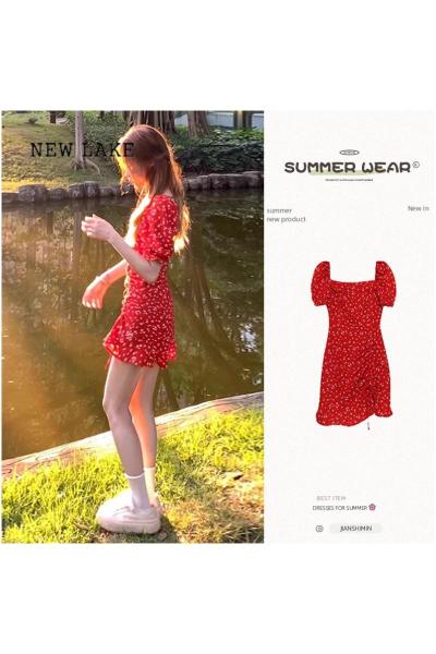 NEW LAKE红色碎花连衣裙子夏季女装2024年新款茶歇法式气质小个子包臀短裙