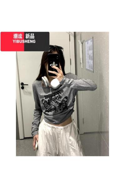 YIBUSHENG美式复古蝴蝶字母印花长袖T恤女季辣妹潮牌设计感做旧短款上衣