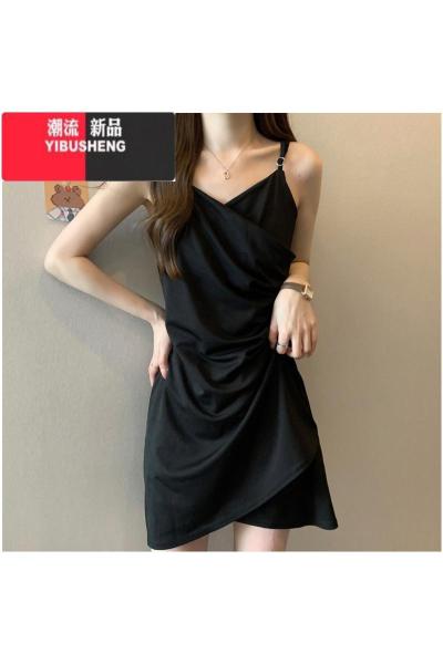 YIBUSHENG法式v领黑色吊带连衣裙女大码胖mm收腰显瘦纯欲性感包臀a字短裙